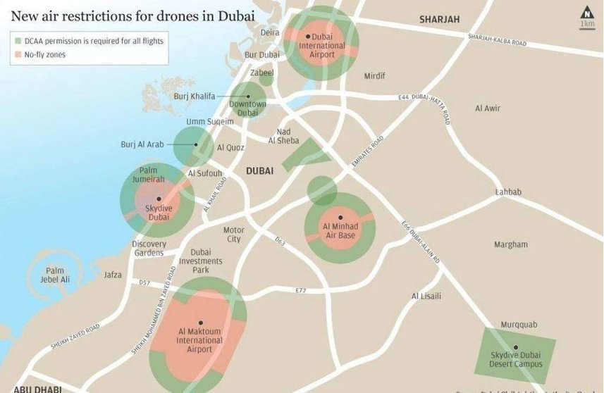 Zonas rojas y verdes de exclusión de drones en Dubai.