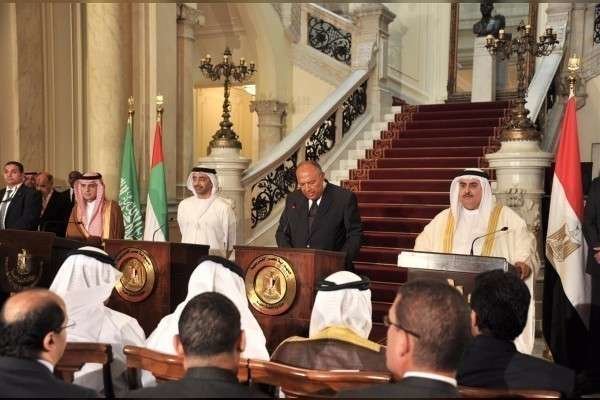 Un momento de la rueda de prensa de los ministros de EAU, Arabia Saudita, Egipto y Bahréin en El Cairo.