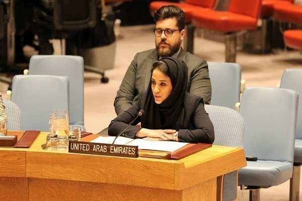 Amiera Obaid AlHafeiti, segunda secretaria de la Misión Permanente de los Emiratos Árabes Unidos ante la ONU, durante su intervención en el debate del Consejo de Seguridad. 
