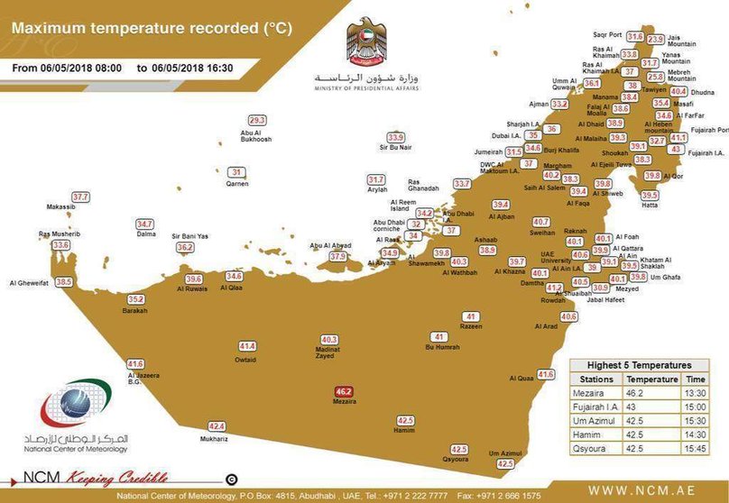 Mapa las temperaturas máximas registradas el 6 de mayo en Emiratos Árabes. (NCM)