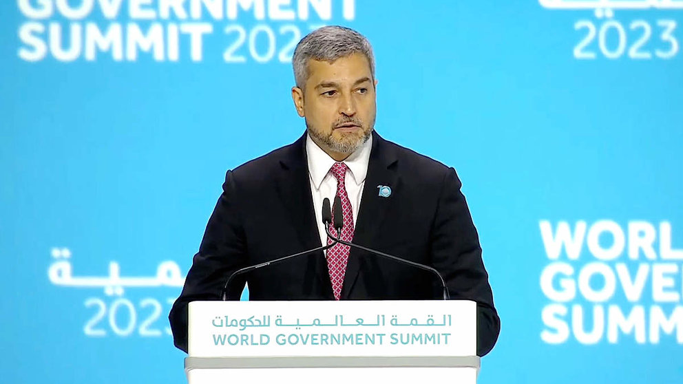 Intervención de Mario Abdo en la Cumbre Mundial de Gobiernos 2023 en Dubai. (Twitter)
