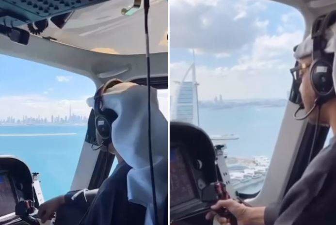Capturas de pantalla del vídeo del presidente de EAU pilotando sobre Dubai.