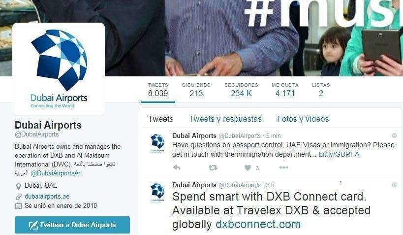 Mensaje lanzado por 'Dubai Airports' en su perfil de Twitter.
