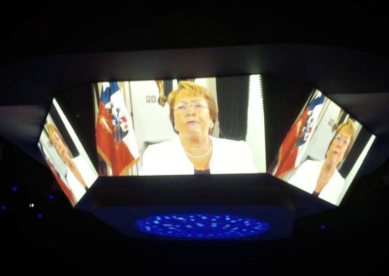 Bachelet, durante su intervención por vídeo conferencia en el Foro Global de Mujeres de Dubai.