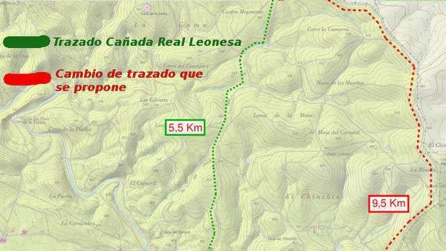 Mapa donde aparece la modificación propuesta para la Cañada Real Leonesa. (andanzasdeunloboestepario.blogspot.com.es)