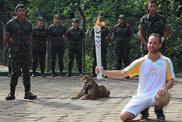 El jaguar, junto al portador de la antorcha olímpica. (Twitter/Reuters)