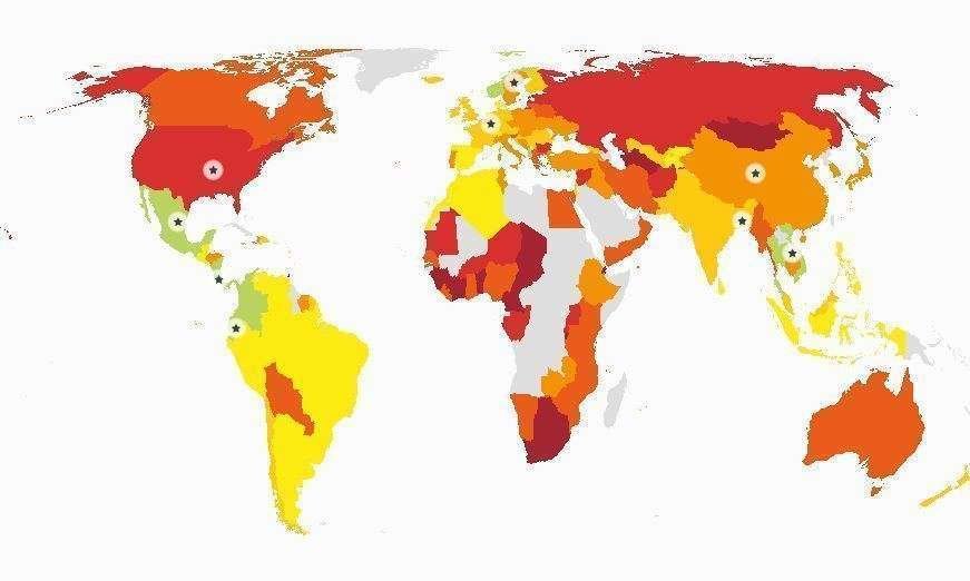 Los países menos felices en color rojo los más en verde.