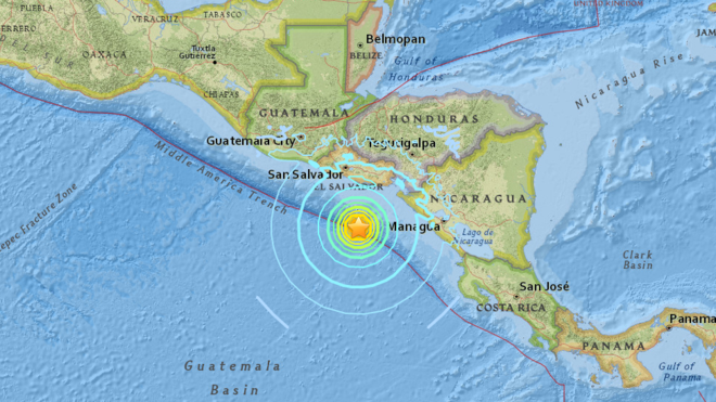 El terremoto tuvo lugar frente a las costas de El Salvador y Nicaragua.