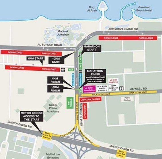 Mapa de la zona afectada por la carrera de Dubai.