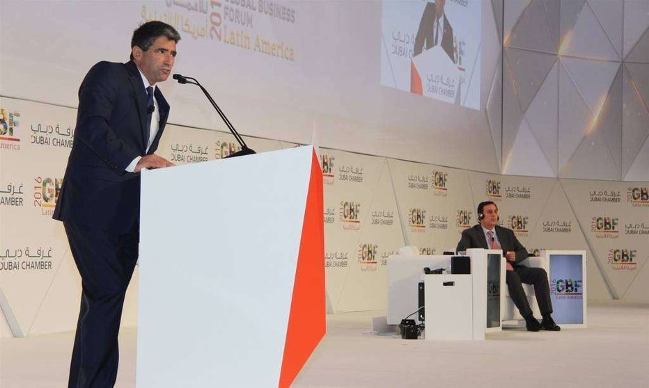 Raúl Sendic, vicepresidente de Uruguay, durante su intervención en el Foro Global Empresarial sobre Latinoamérica celebrado en Dubai. (EL CORREO)
