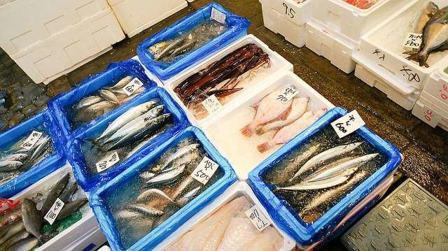 Cajas de pescado en un mercado.