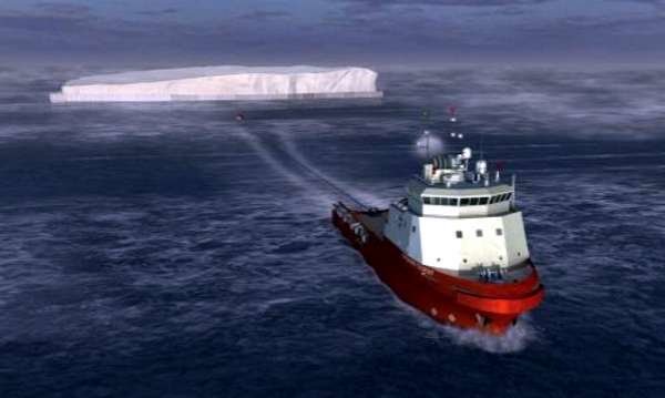Una maqueta de un barco trasladando un iceberg.
