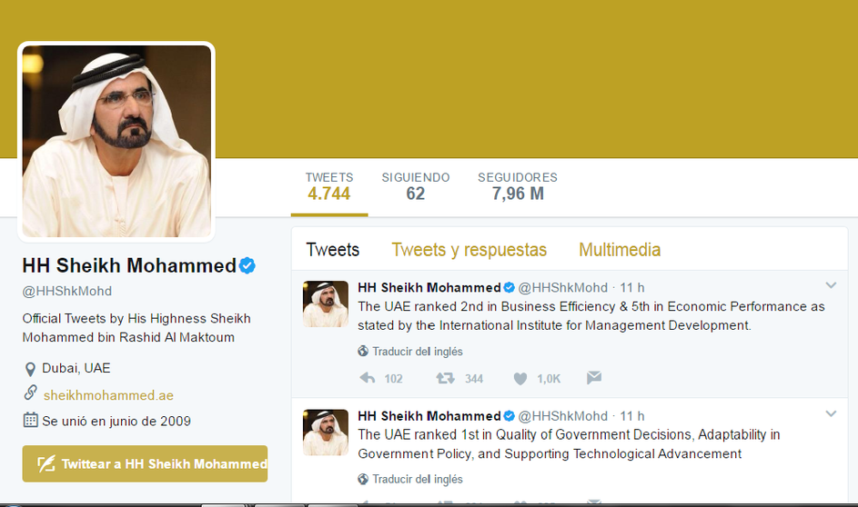 Una captura de la cuenta personal de Skeikh Mohammed bin Rashid Al Maktoum en Twitter.