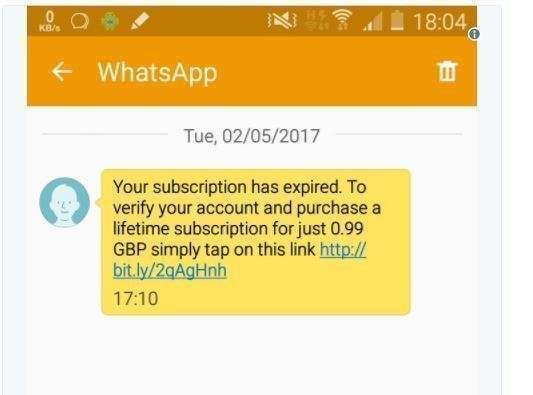 El mensaje fraudulento que aparece en la aplicación de WhatsApp.