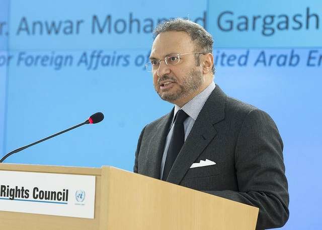 El ministro de Estado de Asuntos Exteriores de EAU, Gargash, durante una intervención en la sede de la ONU en Ginebra.
