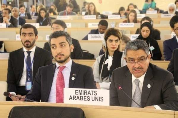 Obaid Salem Al Zaabi, representante permanente de Emiratos ante la ONU, interviene en nombre del Cuarteto Árabe ante el Consejo de Derechos Humanos. (WAM)
