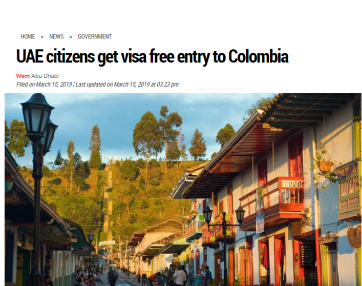 Noticia de exención de visado previo entre Colombia y EAU en el diario Khaleej Times.