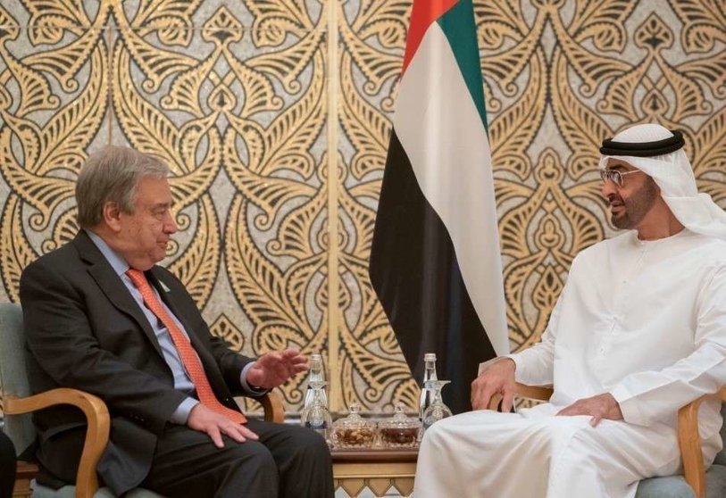 El secretario general de la ONU junto al jeque Mohammed bin Zayed en Abu Dhabi.