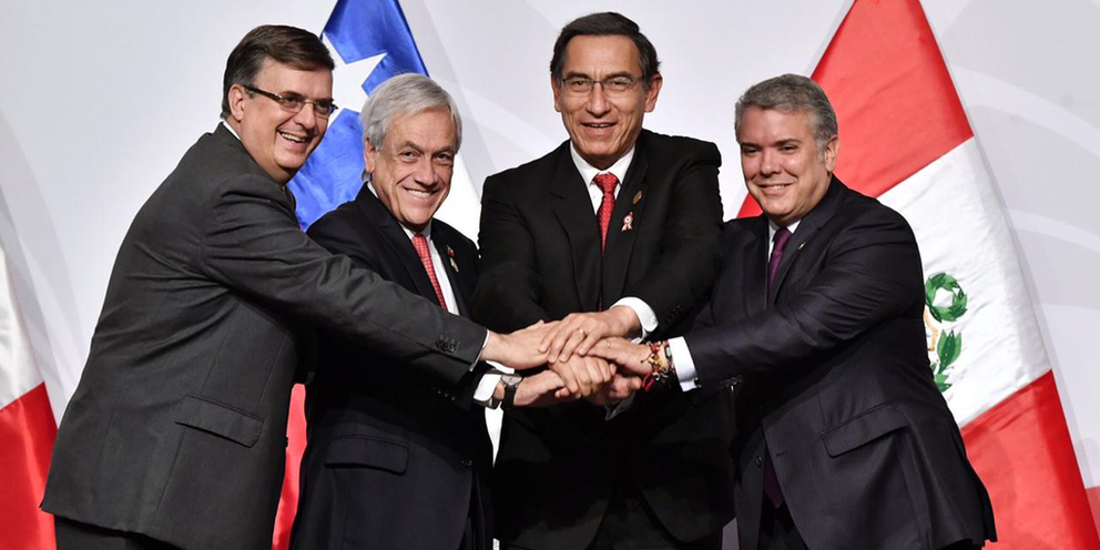Los presidentes de Chile, Sebastián Piñera; Colombia, Iván Duque; México, Andrés Manuel López Obrador; y Perú, Martín Vizcarra Cornejo, en Lima. (Alianza del Pacífico)