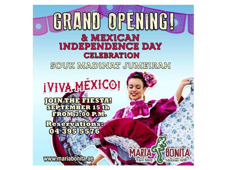 Cartel de la inauguración del tercer María Bonita Taco Shop & Mexican Grill.
