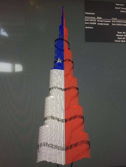 Una prueba del Burj Khalifa iluminado con la bandera de Chile.