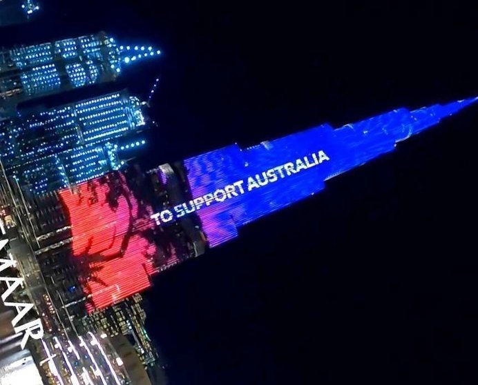 Imagen de los mensajes sobre Australia proyectados en el Burj Khalifa. (www.instagram.com/burjkhalifa/)