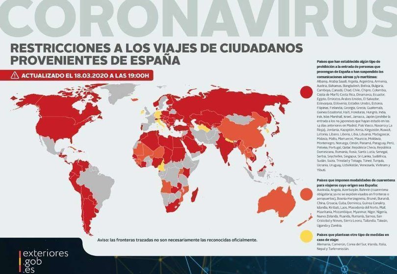Mapa de restricciones a viajeros españoles. (Ministerio Exteriores España)