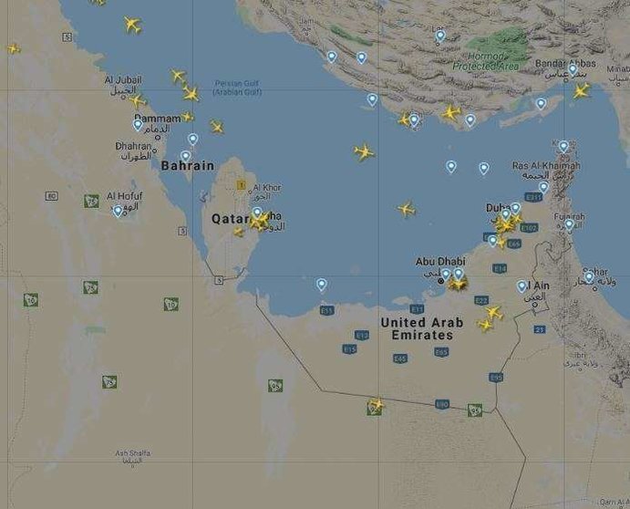 Una captura en Flightradar del espacio aéreo del Golfo Arábigo a las 16.30 horas del 23 de marzo de 2020.
