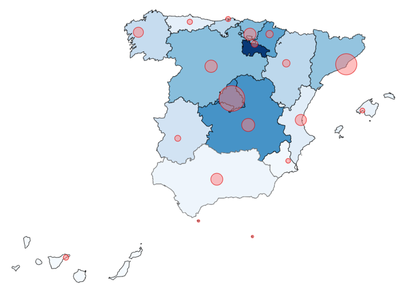 Mapa de España por casos de coronavirus. (Ministerio de Sanidad)