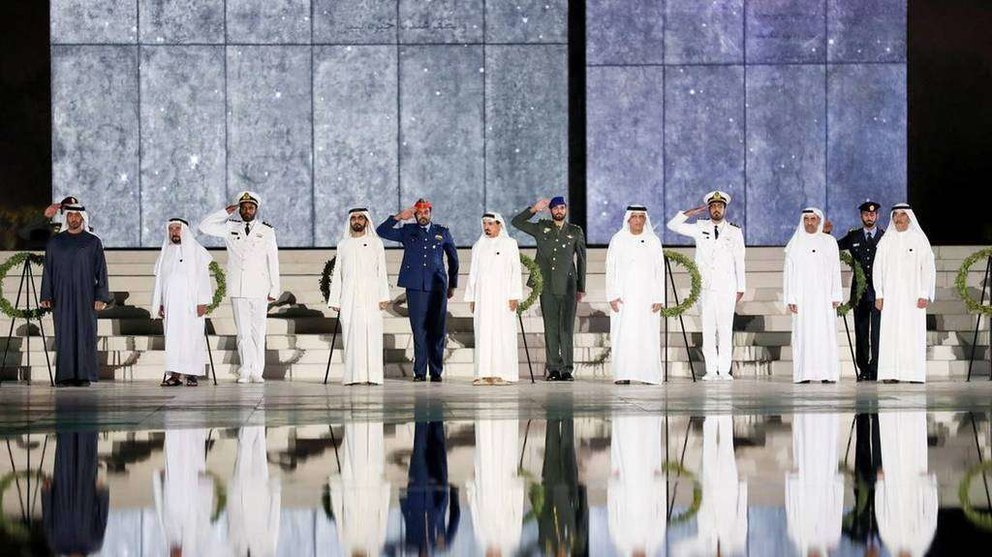 En la imagen de WAM, los líderes de EAU durante el evento del Día de Conmemoración de 2019 en Wahat Al Karama en Abu Dhabi.