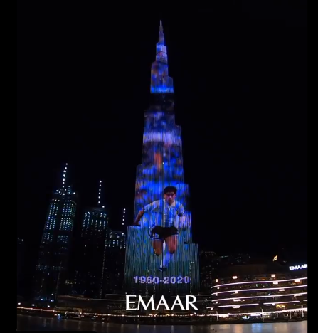 Emaar difundió las imágenes del Burj Khalifa decorado con imágenes de Maradona.