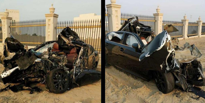 La Policía de Sharjah difundió una imagen combinada del coche tras el accidente.