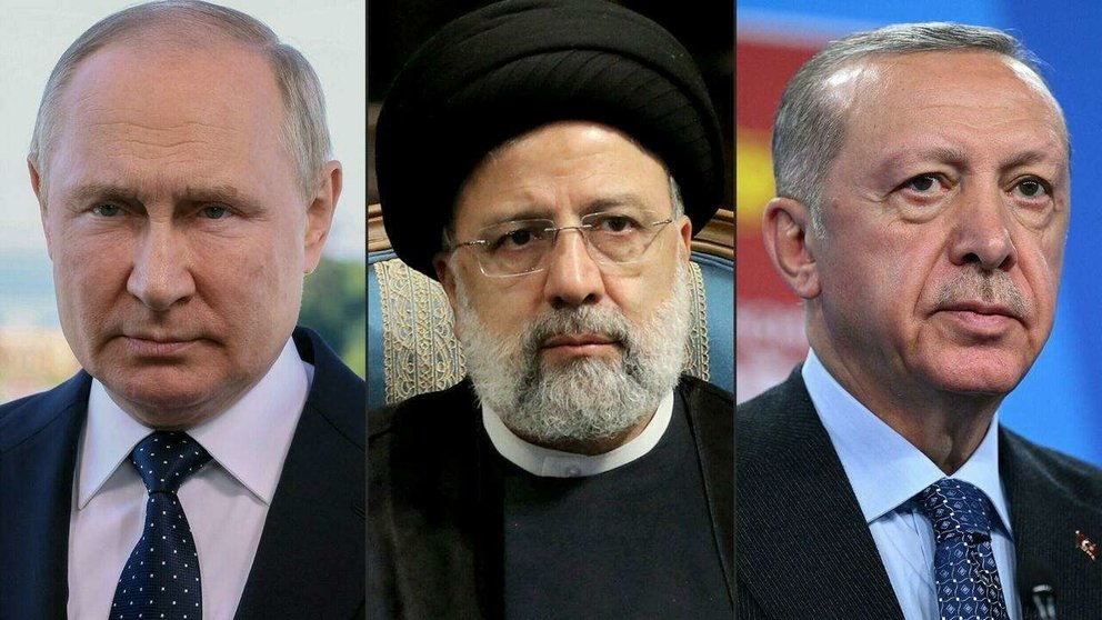 Los presidentes de Rusia (izquierda), Irán y Turquía. (Twitter)