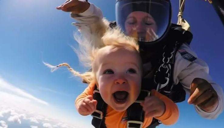 Una imagen de los bebés saltando en paracaídas. (Facebook)