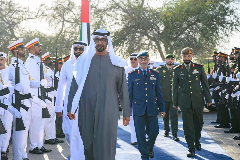 El presidente de EAU durante la celebración de la unificación de las Fuerzas Armadas 2023. (WAM)