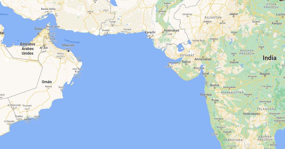 Una imagen geográfica de Emiratos Árabes e India. (Google Maps)