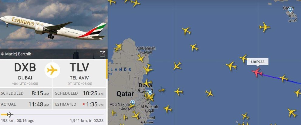 Una captura de pantalla de Flightradar de un vuelo de Emirates de Dubai a Tel Aviv este jueves.