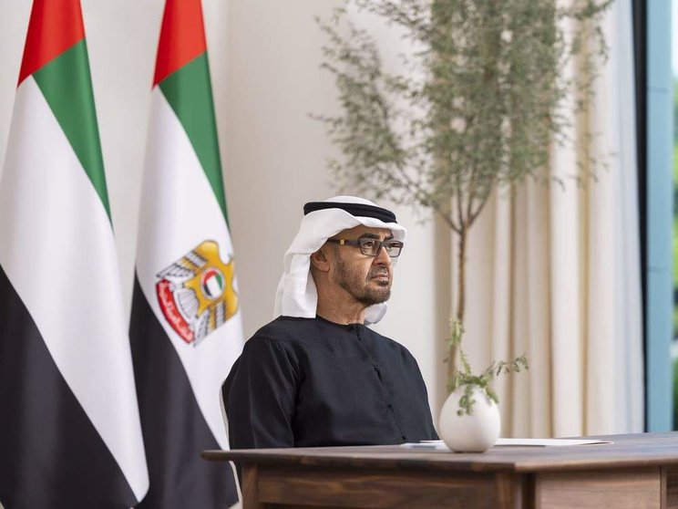 El presidente emiratí durante la cumbre virtual del G20. (WAM)