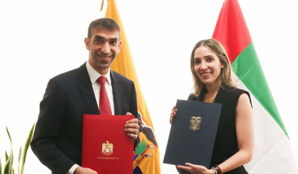 El ministro de Comercio Exterior de EAU y la ministra ecuatoriana de Producción, Comercio Exterior, Inversiones y Pesca. (X)