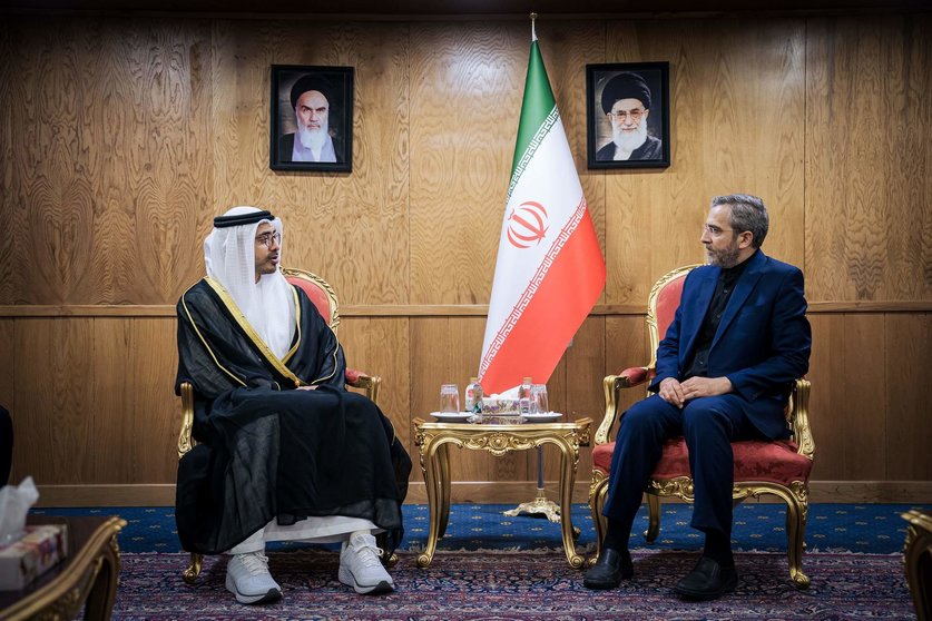 El jeque Abdullah con el ministro interino de Asuntos Exteriores de la República Islámica de Irán. (WAM)